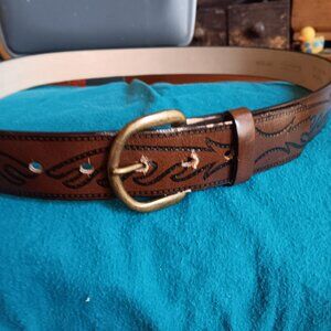 Vintage Men's 42 Belt Brown Vonded Embossed Western Pattern & Gold-Tone Buckle